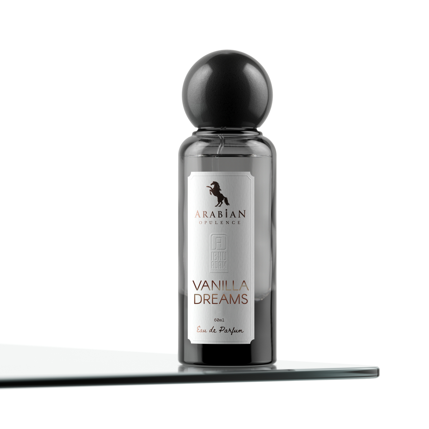 Perfume bottle labeled 'Vanilla Dreams' by Arabian Opulence on a white background
