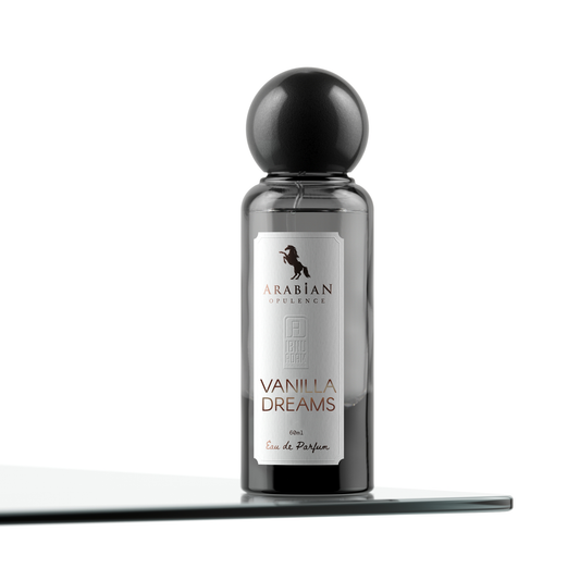 Perfume bottle labeled 'Vanilla Dreams' by Arabian Opulence on a white background